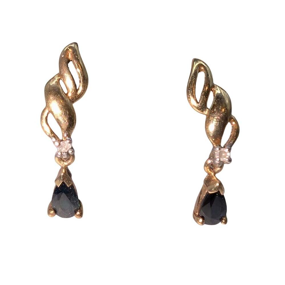 14K Flame Teardrop Sapphire Diamond Drop Pierced Earrings